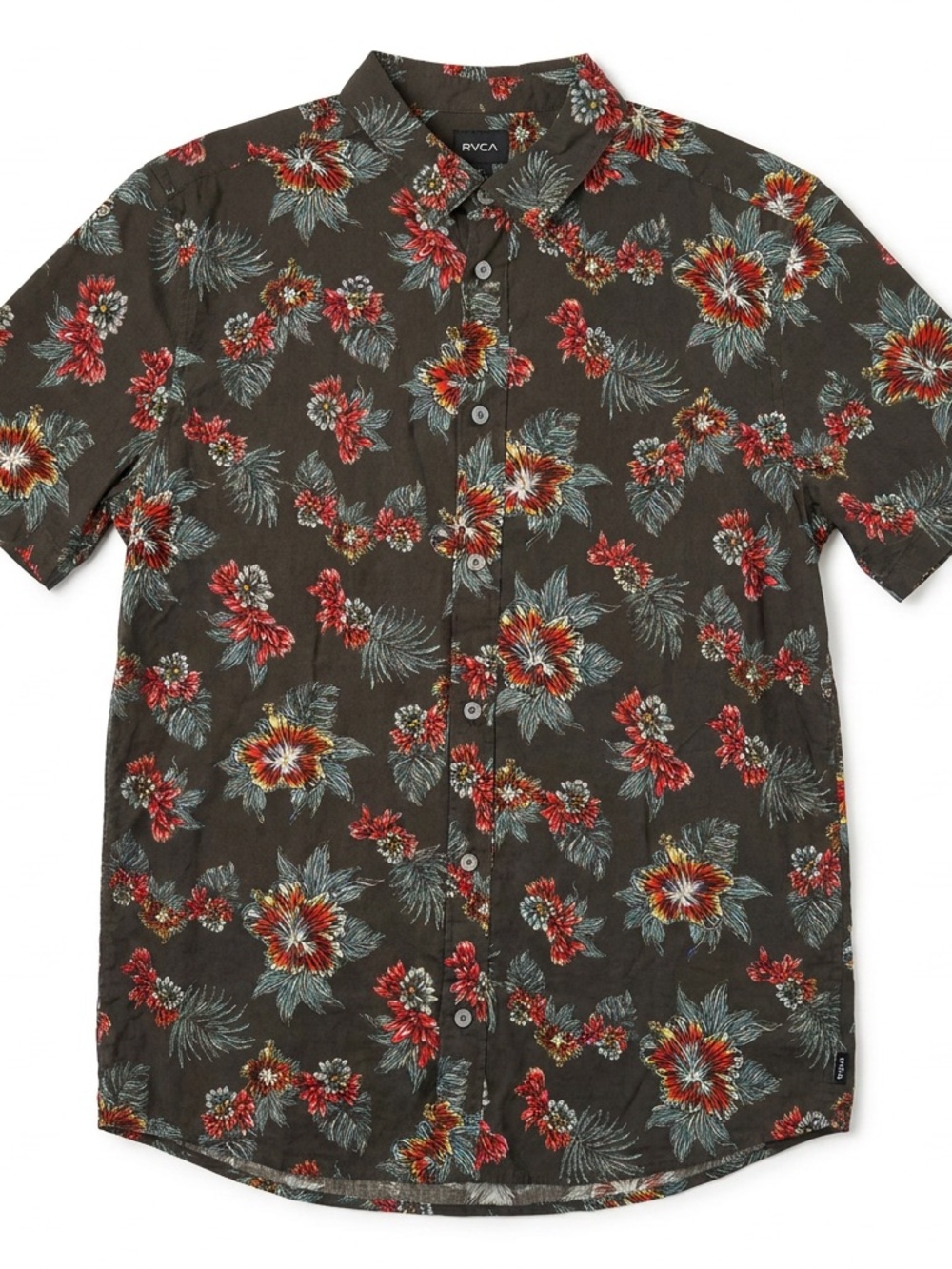 RVCA Brown Short-Sleeve Floral Button-Up Shirt with Red and Teal Accents